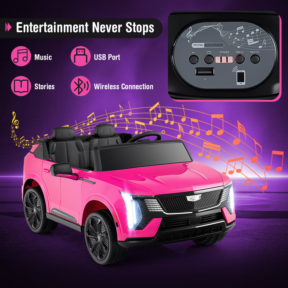 Pink 24V licensed Cadillac ride-on truck for 2 kids, featuring remote control, music, and USB port for entertainment.