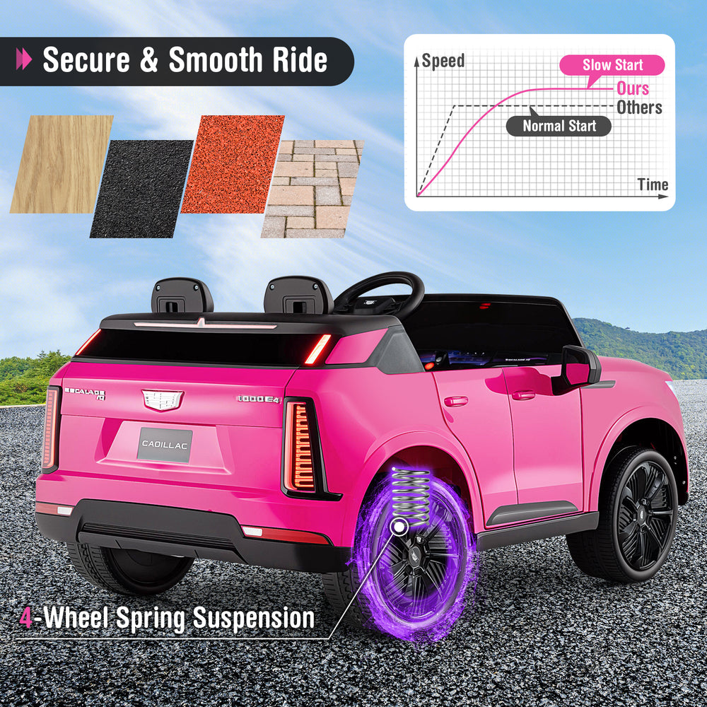 Pink 24V licensed Cadillac ride-on truck for 2 kids, featuring 4-wheel spring suspension and remote control for safety.