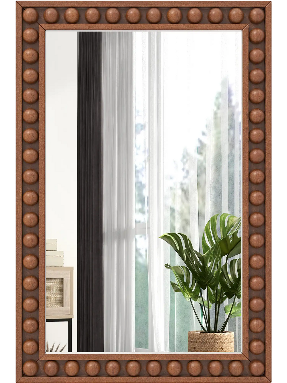 Rustic 24 x 36 inches wall mirror with solid wood frame and beaded design, perfect for living room or bedroom decor.