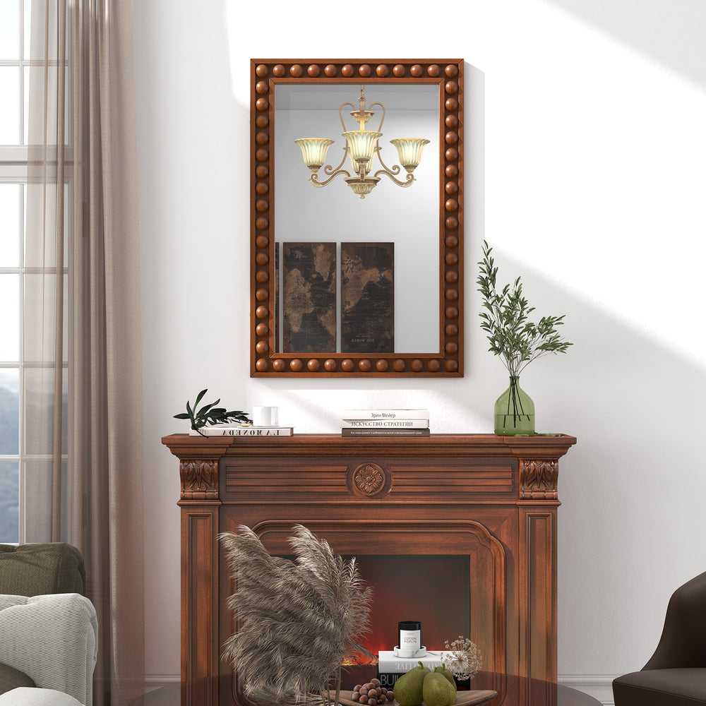 Rustic 24 x 36 inches wall mirror with solid wood frame, beaded design, ideal for living room or bedroom decor.