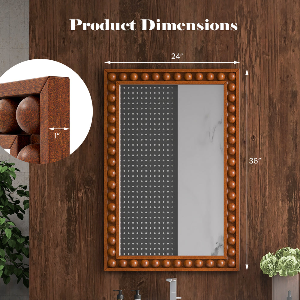 Rustic 24 x 36 inches wall mirror with solid wood beaded frame, ideal for living room or bedroom decor.
