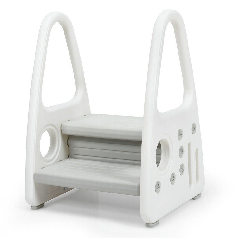 Kids step stool with armrests in gray, featuring a two-tier design for potty training and independent use in the.
