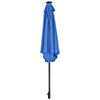 Blue 9-foot patio umbrella with crank lift and tilt adjustment, featuring solar LED lights for outdoor illumination.