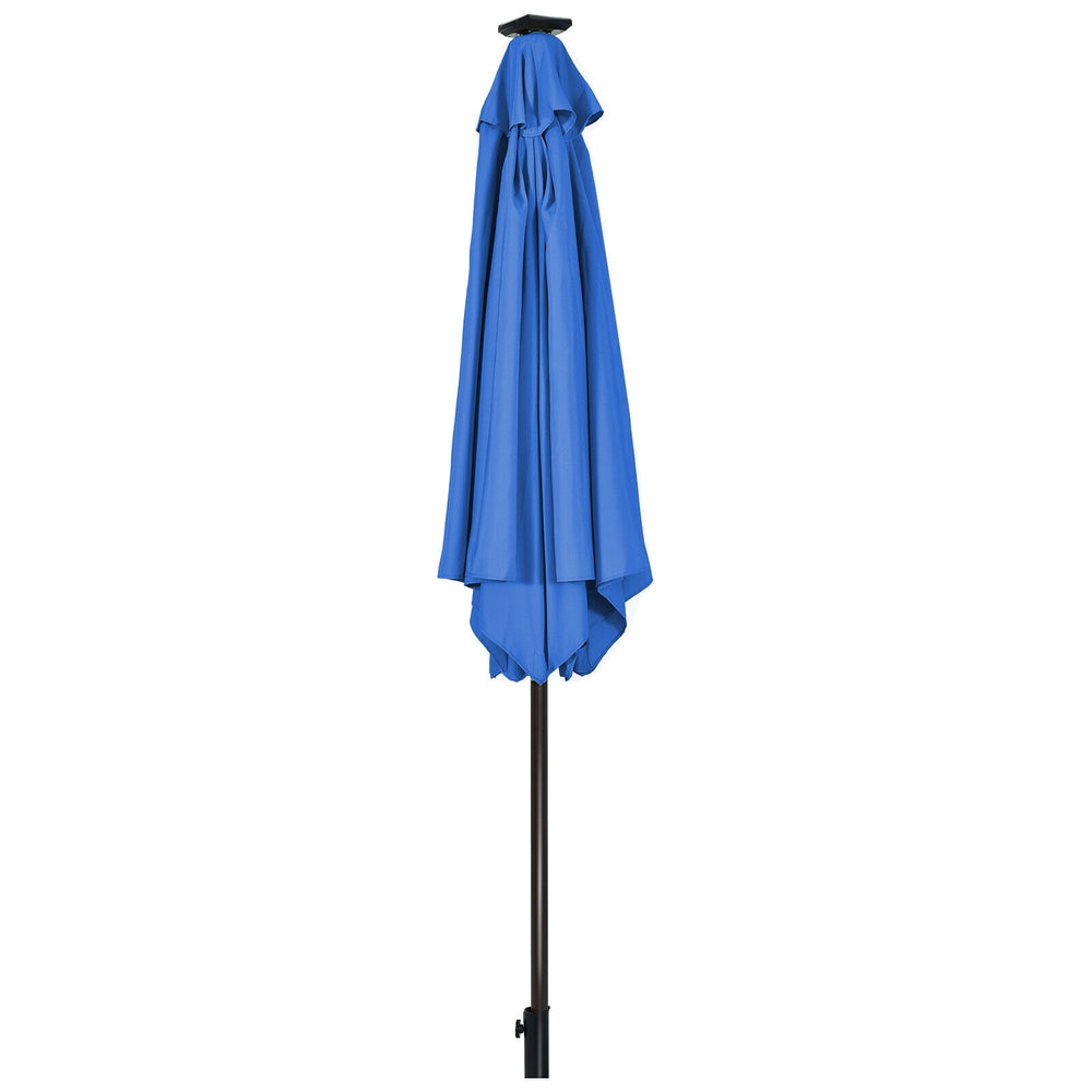 Blue 9-foot patio umbrella with crank lift and tilt adjustment, featuring solar LED lights for outdoor illumination.