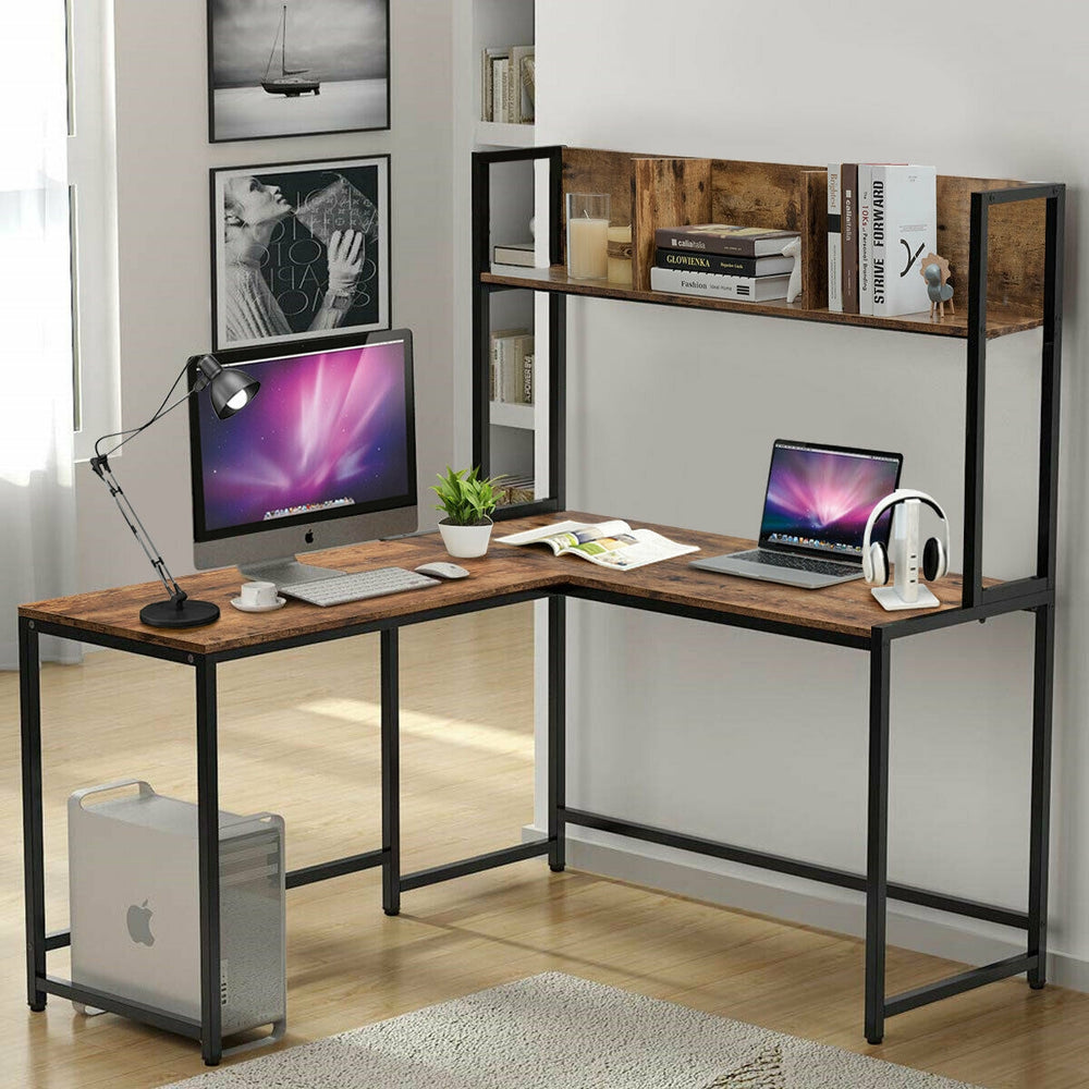 Reversible L-Shaped Corner Desk with Storage Bookshelf-Brown - Gallery View 1 of 12