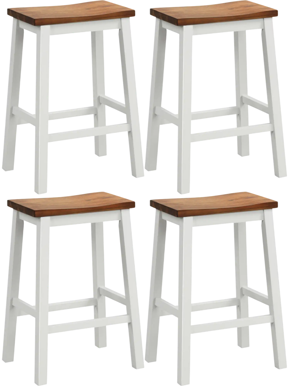 Set of 4 24.5-inch saddle bar stools with walnut acacia wood seats and gray legs, perfect for kitchen islands.