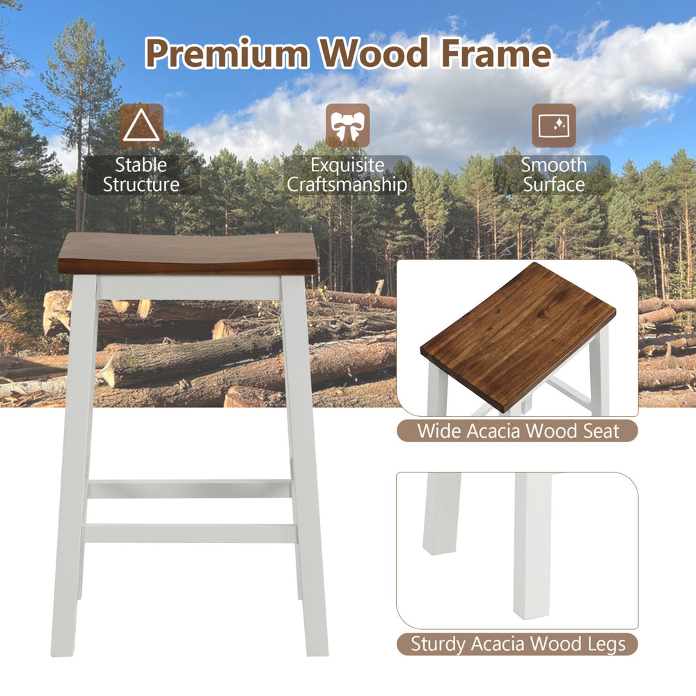 Saddle stool with a wide acacia wood seat and sturdy legs, ideal for kitchen islands and dining areas.