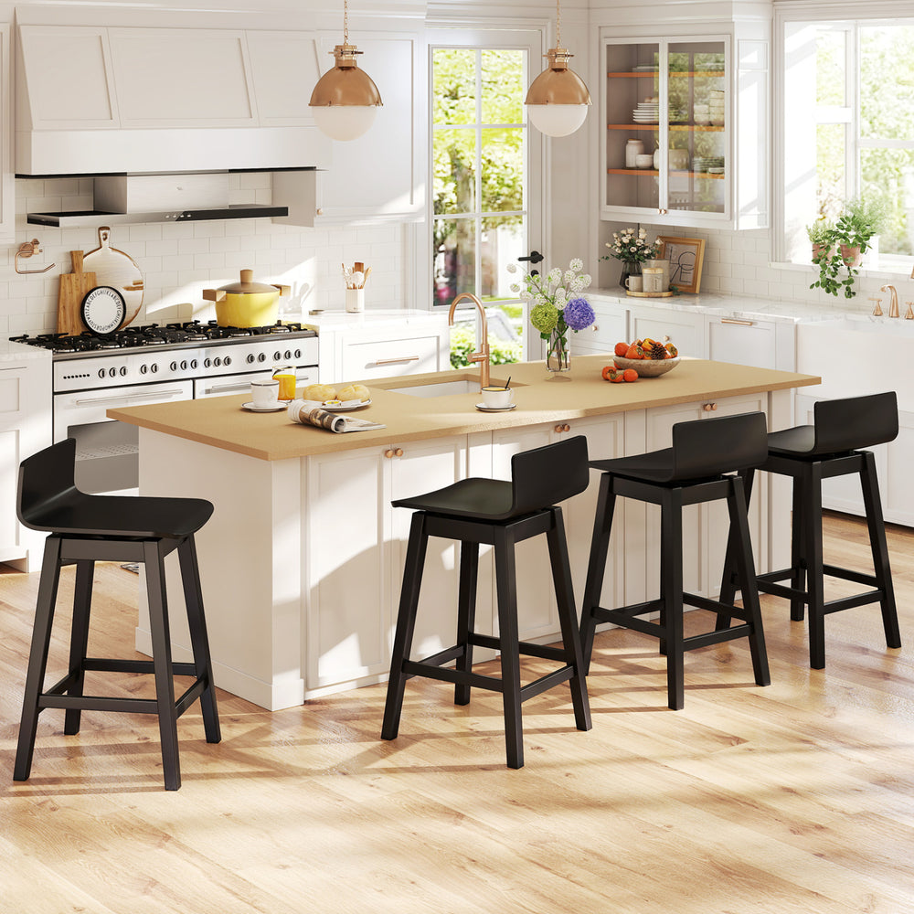 24.5 Inch Swivel Wooden Bar Stools Set of 4 with Rubber Wood Legs and Low Back-Black - Gallery View 1 of 8