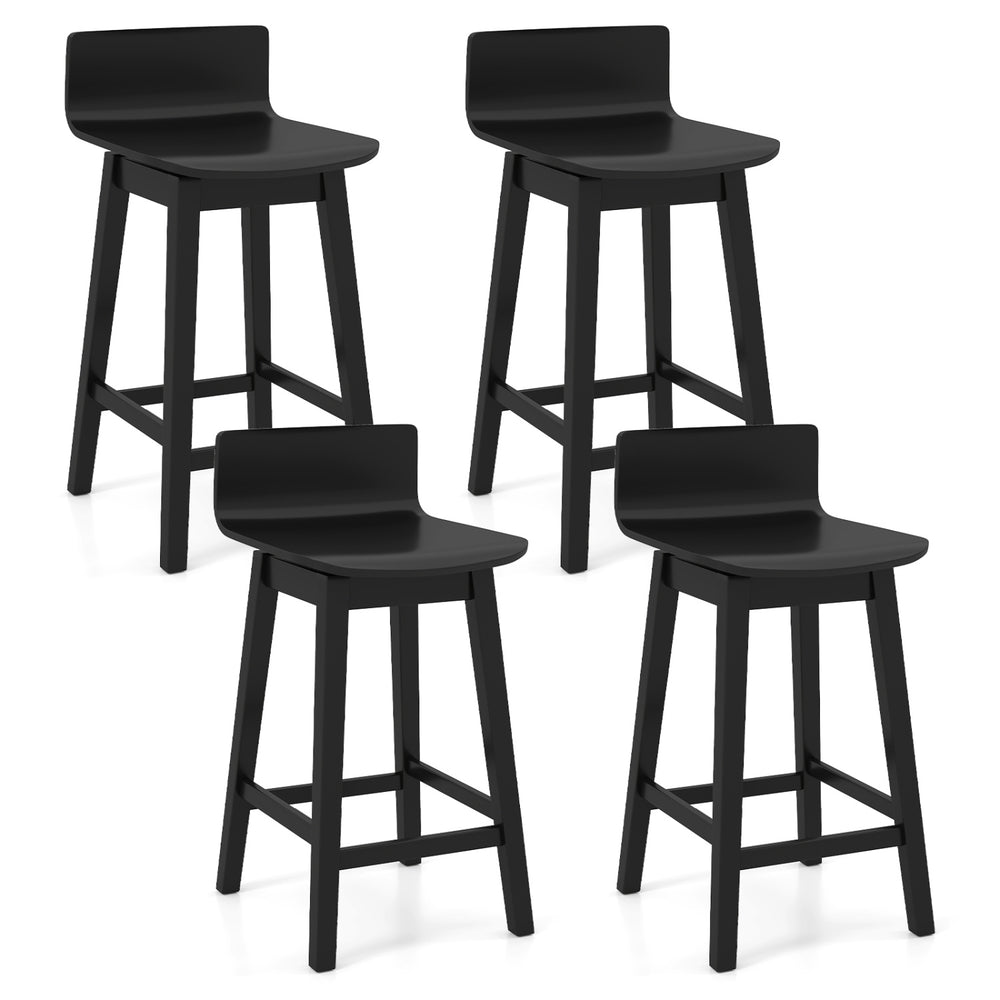 Set of 4 black 24.5-inch swivel wooden bar stools with rubber wood legs and low backs, perfect for dining areas.
