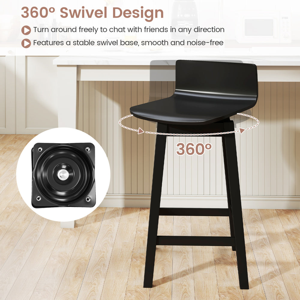 24.5-inch black swivel bar stool with rubber wood legs, featuring a 360° swivel design for versatile seating.