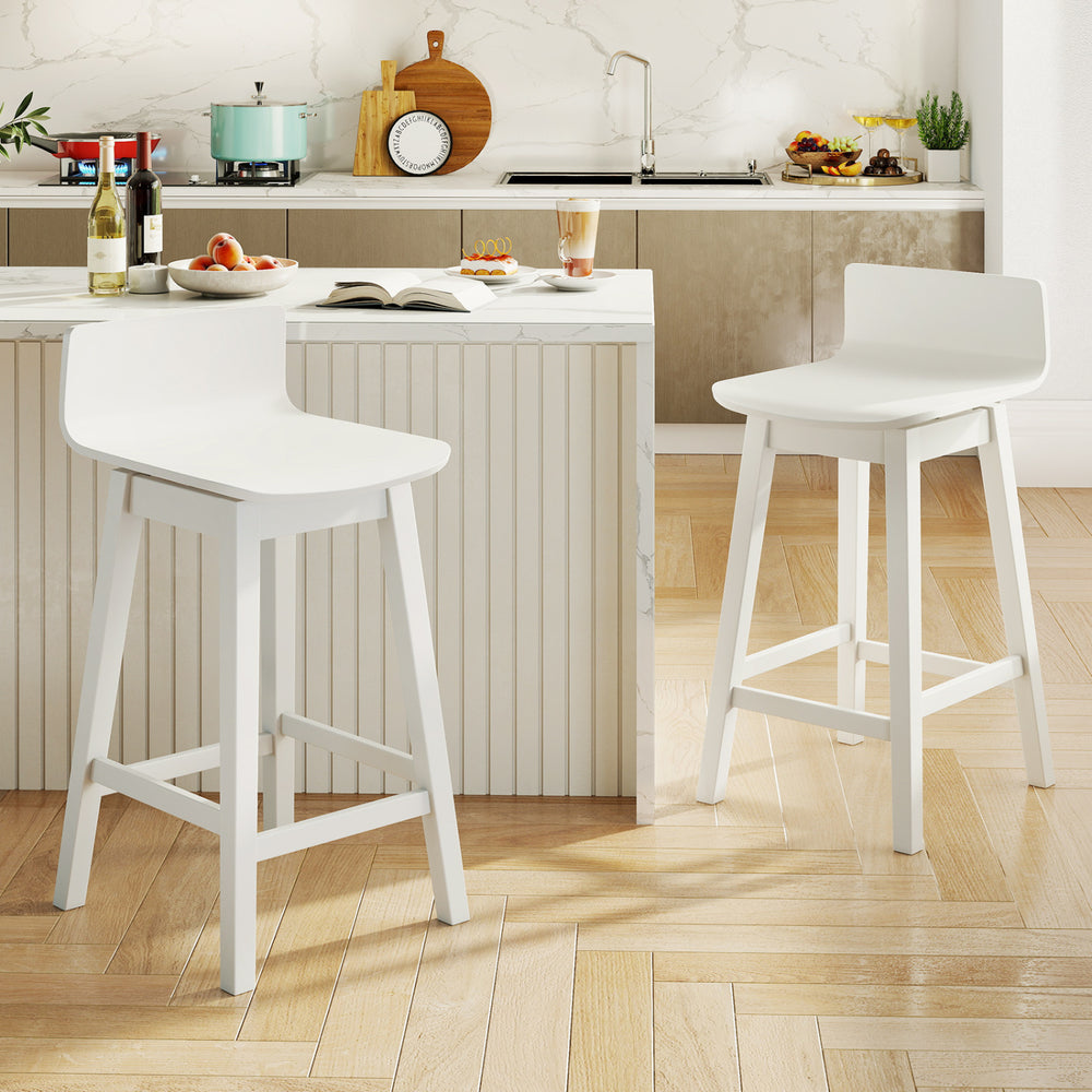 White 24.5-inch swivel wooden bar stools set of 2 with rubber wood legs, perfect for dining areas and casual settings.