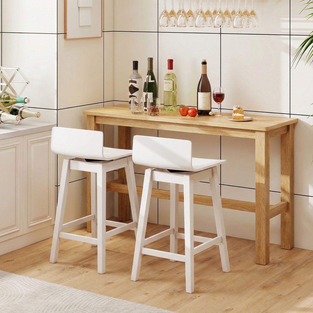 Set of 2 white 24.5-inch swivel wooden bar stools with rubber wood legs, perfect for dining areas or bars.