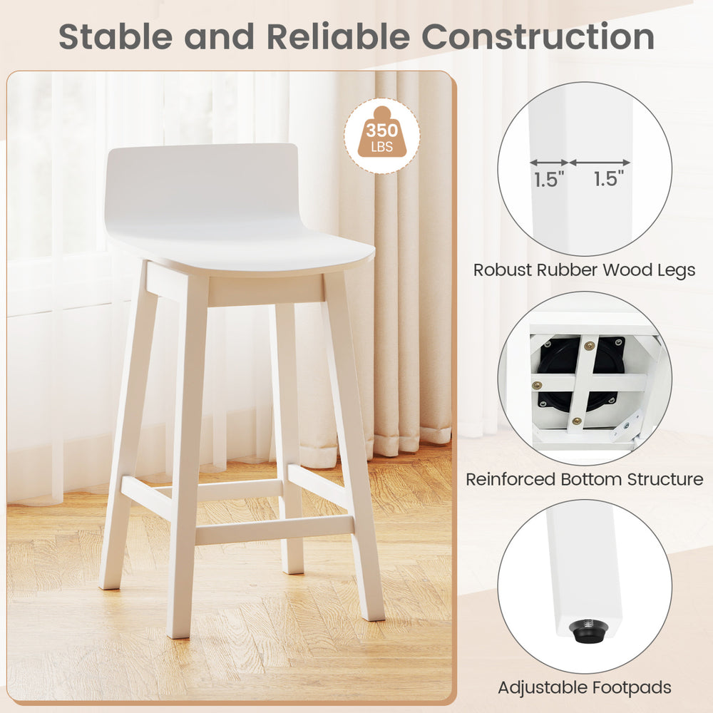 24.5-inch white swivel bar stool with rubber wood legs, low back, and adjustable footpads for stable seating.