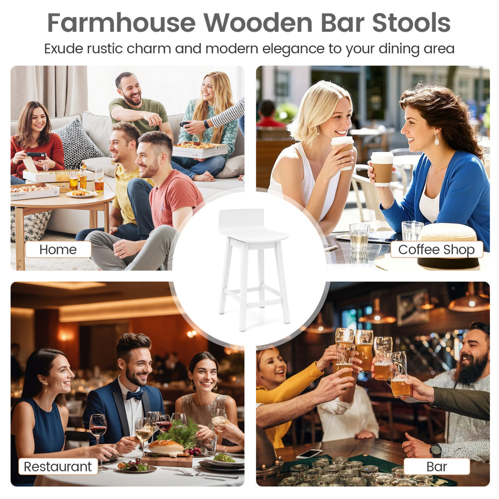 White 24.5-inch swivel wooden bar stool with rubber wood legs, perfect for home, coffee shop, or restaurant settings.