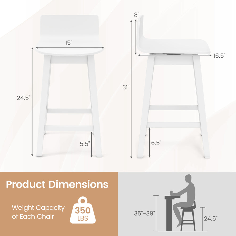 Side view of a 24.5-inch white swivel wooden bar stool with rubber wood legs, featuring a low back and adjustable.