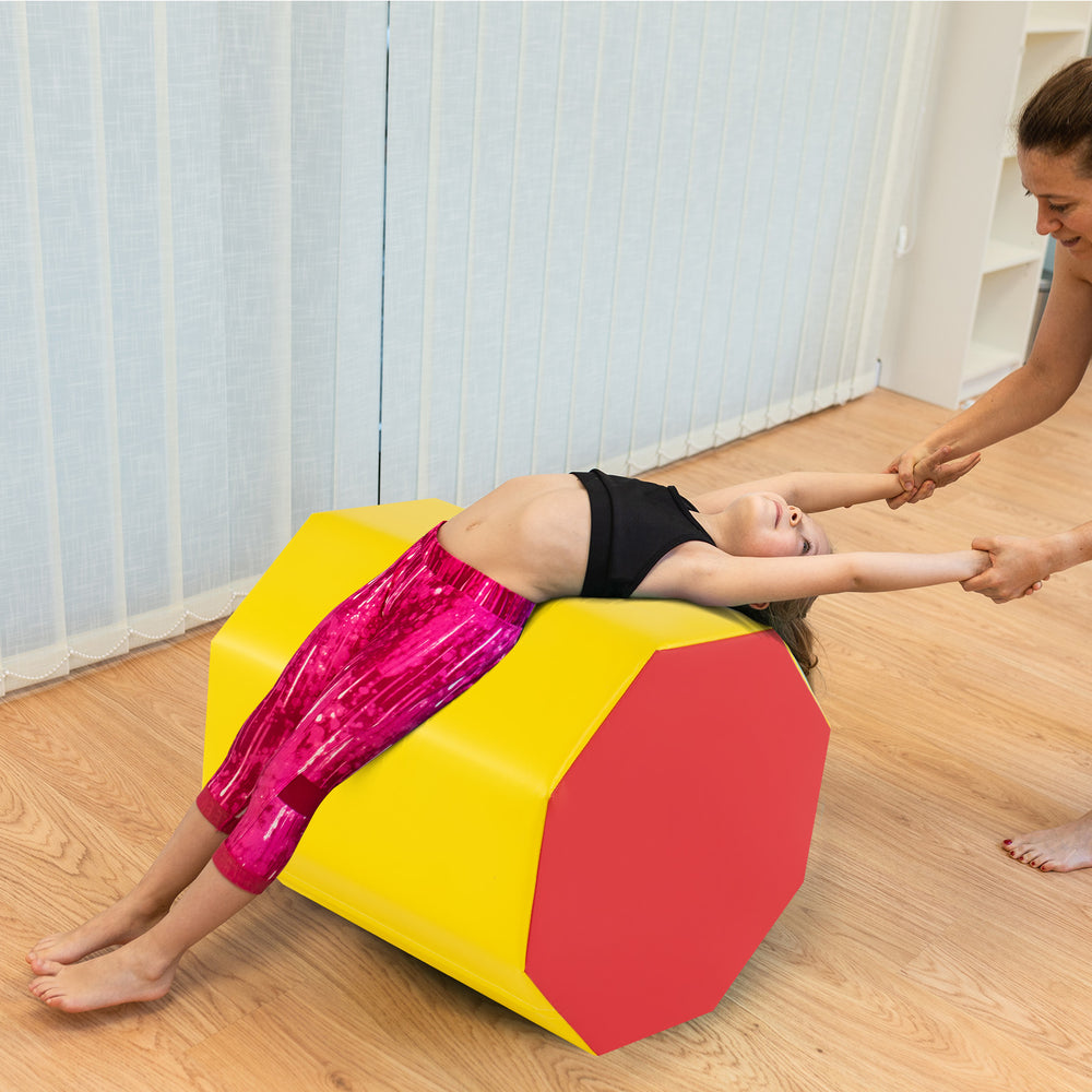 Octagon gymnastics mat in yellow and red, ideal for training skills like walkovers and handsprings, with waterproof.