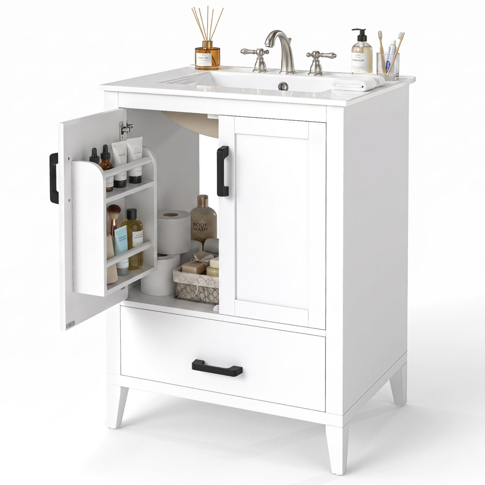 Modern bathroom vanity with sink in white, showcasing an open back design for easy plumbing access and ample storage.