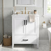Modern 24.5" white bathroom vanity with sink, featuring two doors, a drawer, and ceramic basin for easy cleaning.