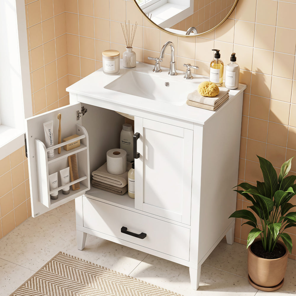 Modern white bathroom vanity with sink, featuring two doors, a drawer, and ample storage for toiletries and essentials.