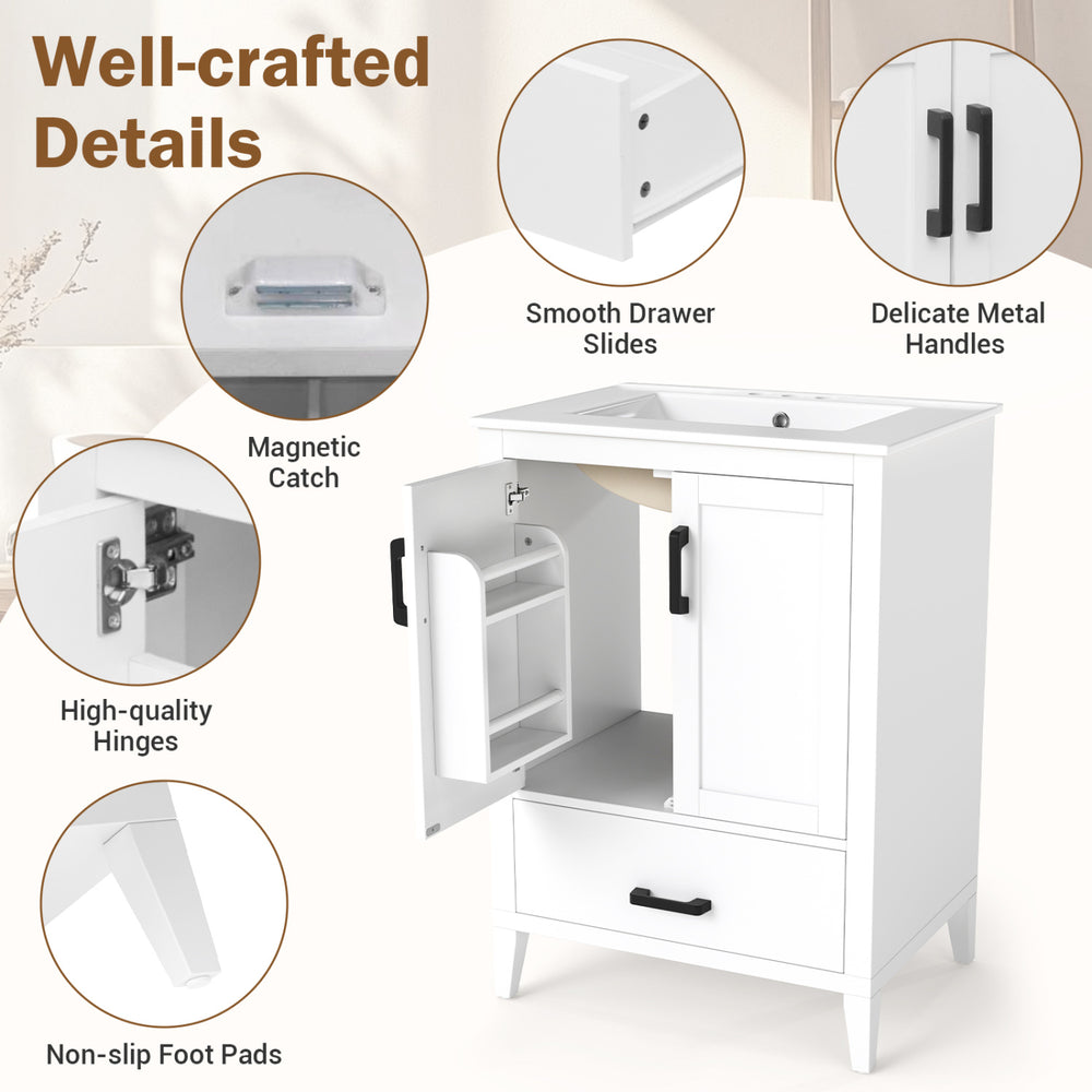 Modern 24.5" white bathroom vanity with sink, featuring 2 doors, a drawer, and smooth drawer slides for easy access.