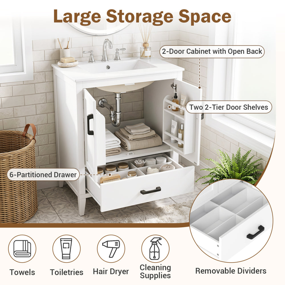 Modern 24.5" bathroom vanity in white features a ceramic sink, 2 doors, a 6-partitioned drawer, and ample storage space.