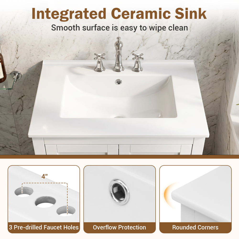 Modern bathroom vanity with integrated ceramic sink, 3 pre-drilled faucet holes, and rounded corners for easy cleaning.