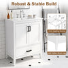 Modern 24.5" white bathroom vanity with sink, featuring solid rubber wood legs, two doors, and a bottom drawer for storage.