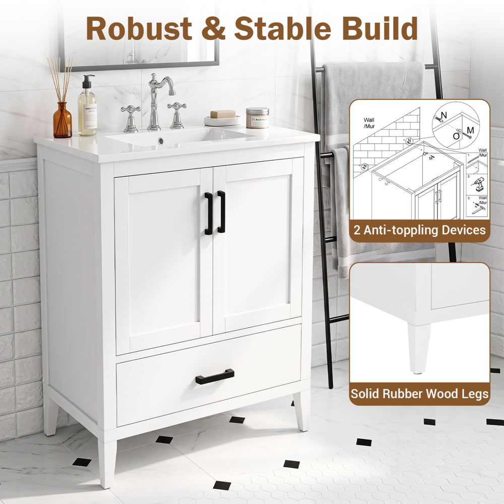 Modern 24.5" white bathroom vanity with sink, featuring solid rubber wood legs, two doors, and a bottom drawer for storage.