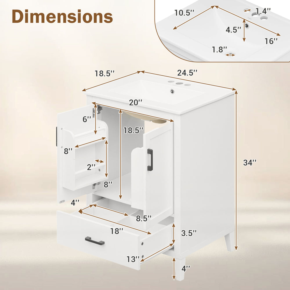 Modern 24.5" white bathroom vanity with sink, featuring 2 doors, a drawer, and ample storage for organized essentials.