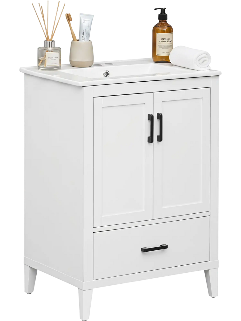 White modern bathroom vanity with sink, showcasing a smooth ceramic basin, two doors, and a bottom drawer with dividers.