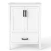 Modern 24.5" white bathroom vanity with sink, featuring two doors, a drawer, and solid rubber wood legs for stability.