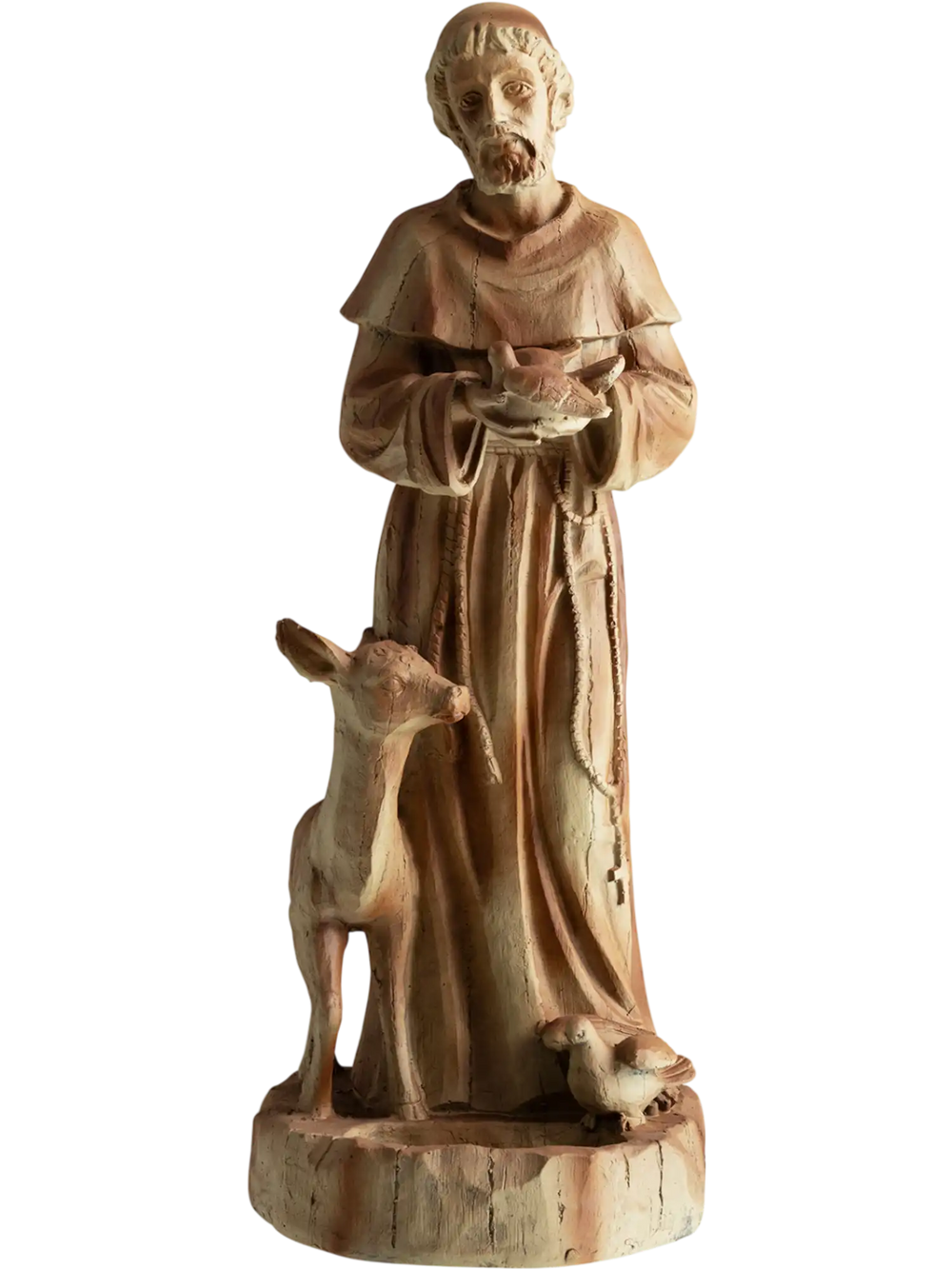 St. Francis statue with bird feeder, rustic brown, 24.5 inches tall, perfect for garden or home decoration.