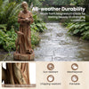 24.5-inch St. Francis statue in rustic brown with bird feeder, made from weatherproof magnesium oxide for garden decor.
