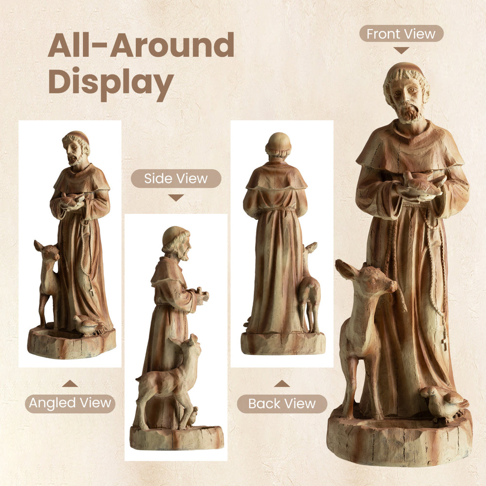 Side view of the 24.5-inch St. Francis statue with animals, rustic brown finish, ideal for garden or home accents.