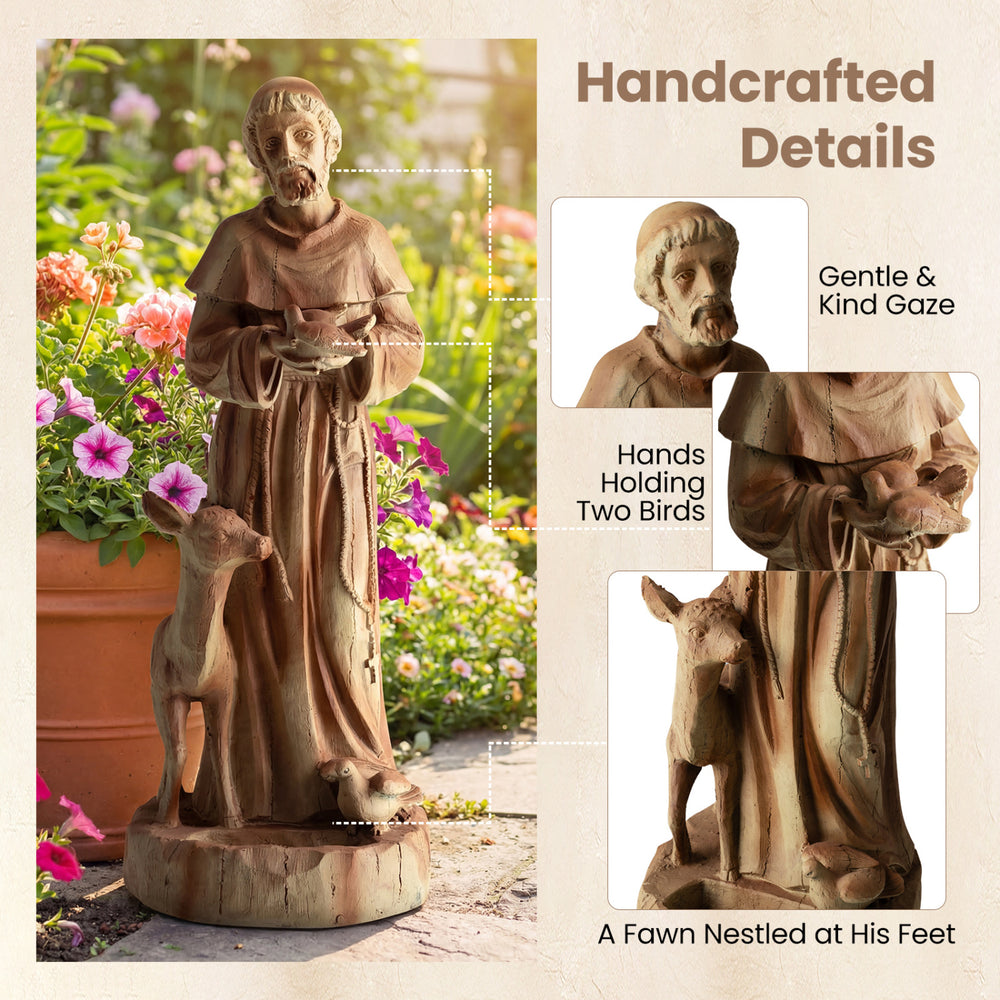 St. Francis statue with bird feeder, rustic brown, 24.5 inches, perfect for garden decor and attracting birds.