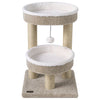 Cat tower featuring two plush perches, scratching posts, and a dangling ball in beige for feline play and rest.