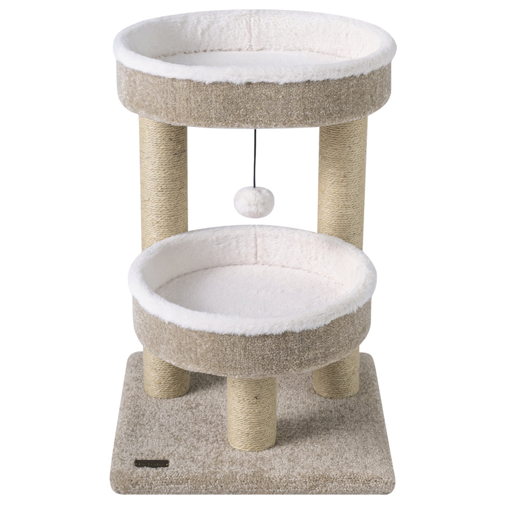 Cat tower featuring two plush perches, scratching posts, and a dangling ball in beige for feline play and rest.