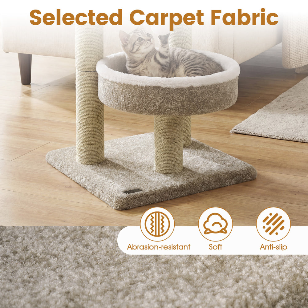 24" beige cat tower featuring two plush perches, scratching posts, and a dangling ball for playful comfort.