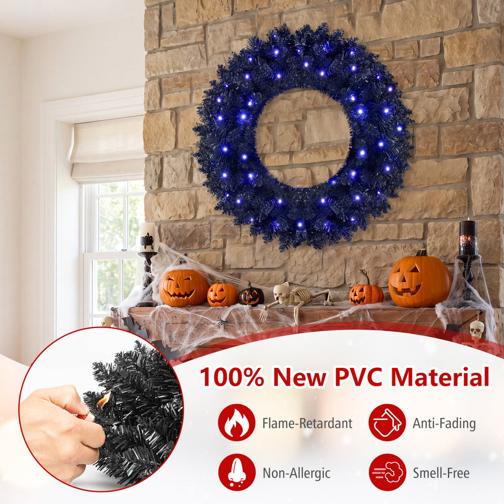 24-inch pre-lit artificial Christmas wreath made of flame-retardant PVC, featuring 50 warm white LED lights for festive decor.