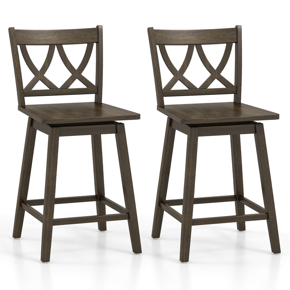 Set of 2 wooden bar stools with rubber wood frame, 24-inch height, featuring a 360° swivel seat and elegant design.