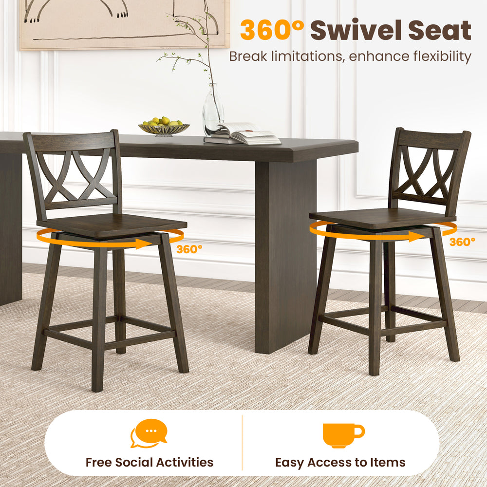 Wooden bar stool set with 360° swivel seats, sturdy rubber wood frame, ideal for kitchen islands and dining rooms.