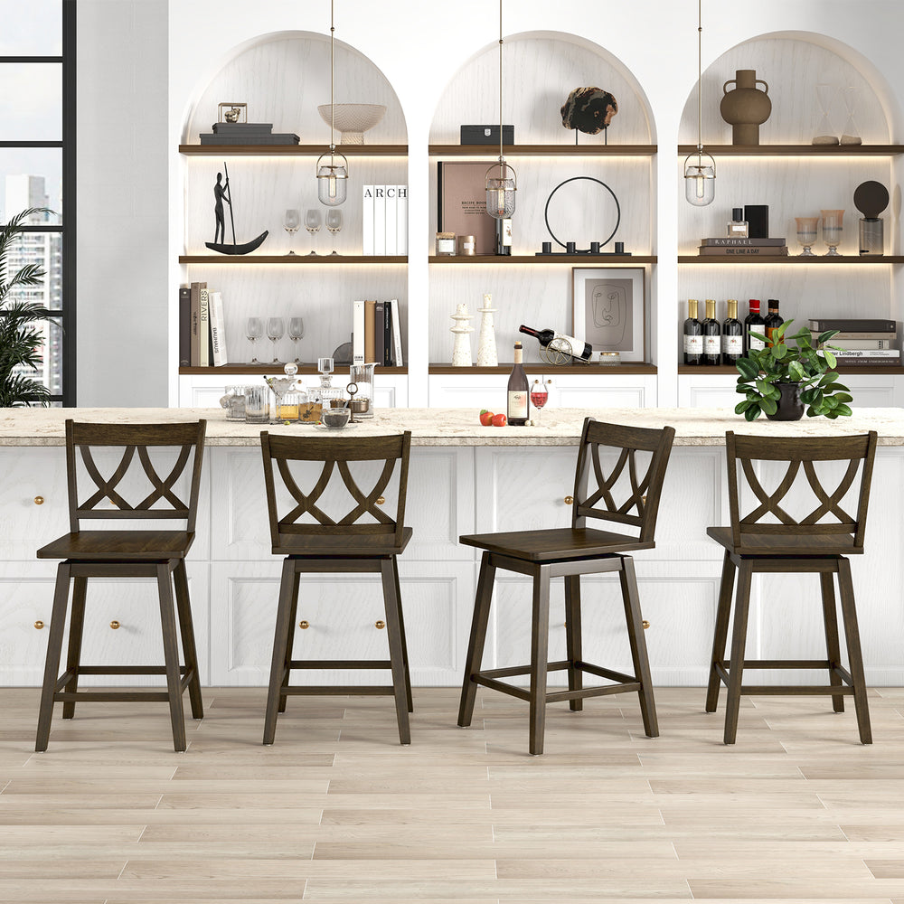 Set of two 24-inch wooden bar stools with rubber wood frame, featuring a 360° swivel seat for kitchen or dining use.
