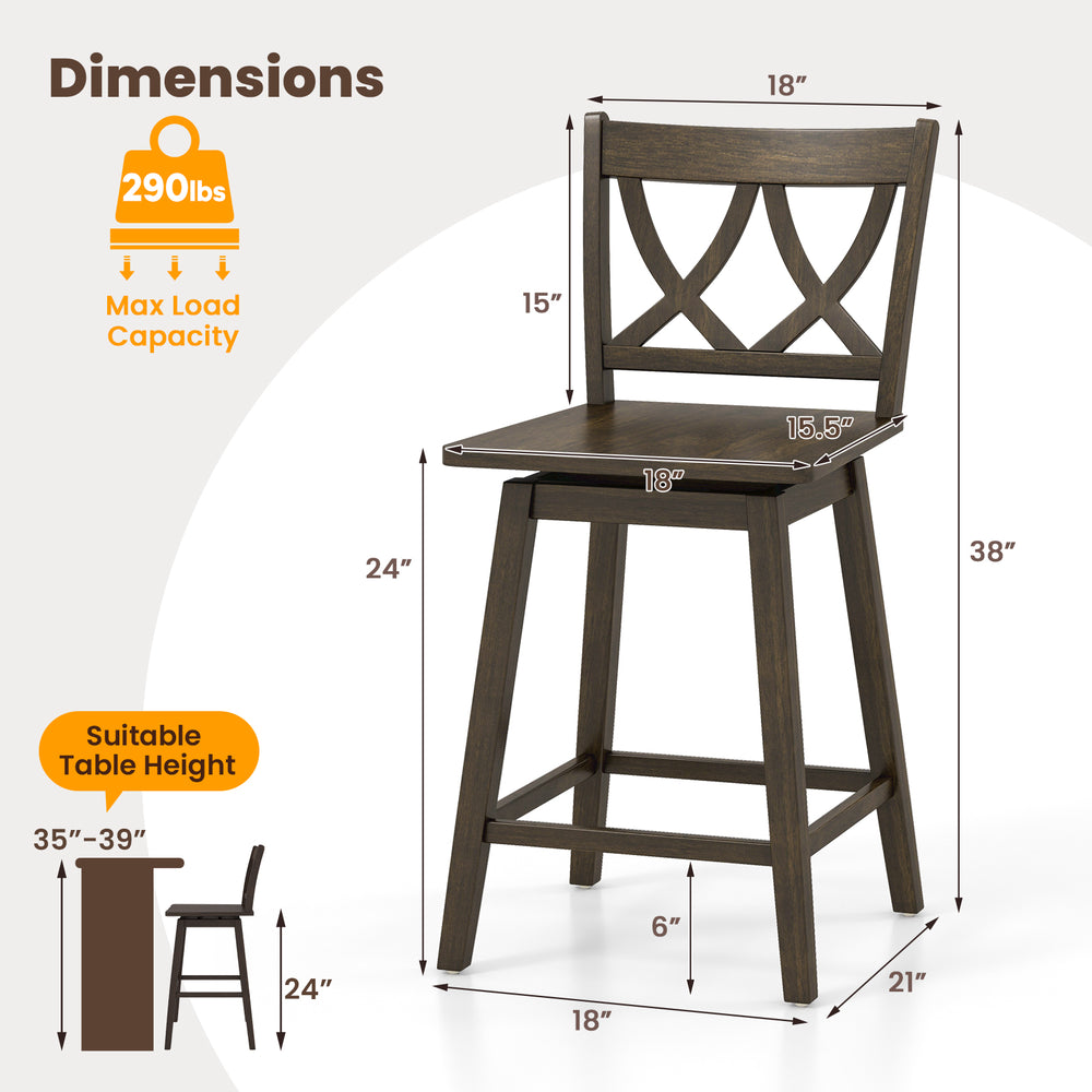 24-inch wooden bar stool with rubber wood frame, 360° swivel seat, ideal for kitchen islands and dining rooms.