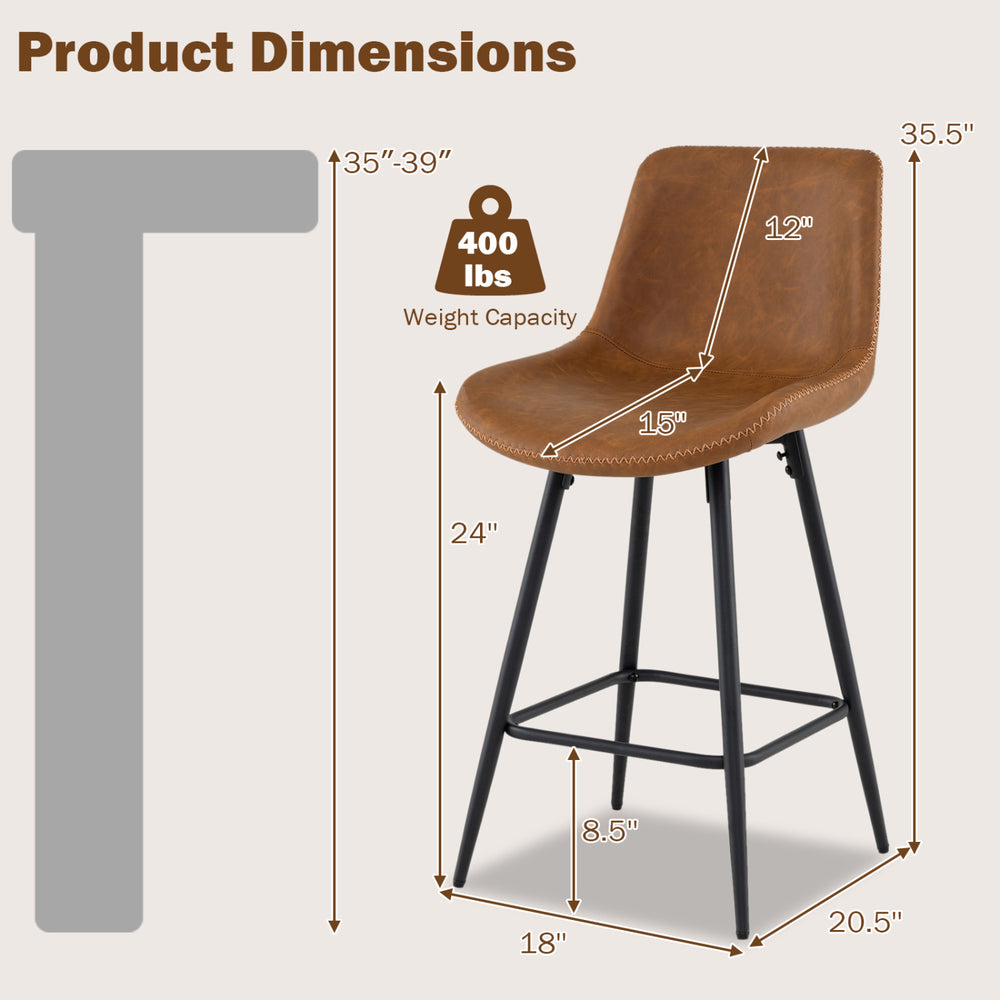 24-inch bar stool with brown faux leather upholstery, curved back, and footrest, designed for comfort and stability.