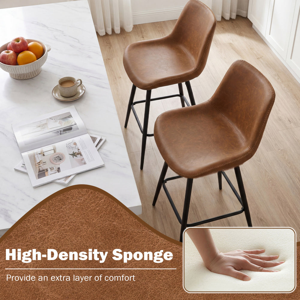 Set of two 24-inch brown bar stools with backs and footrests, featuring high-density sponge for added comfort.