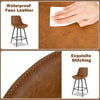 Brown faux leather bar stool with curved back and footrest, featuring waterproof upholstery and exquisite stitching.