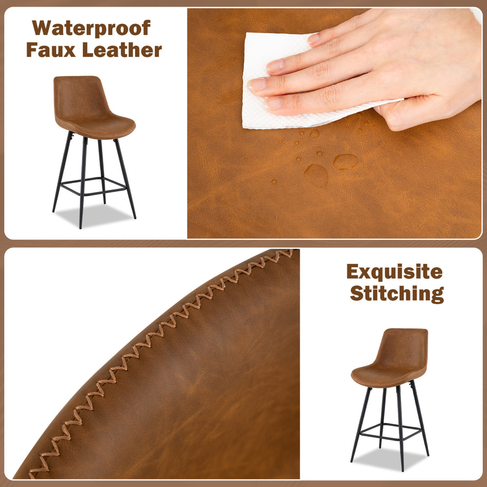 Brown faux leather bar stool with curved back and footrest, featuring waterproof upholstery and exquisite stitching.