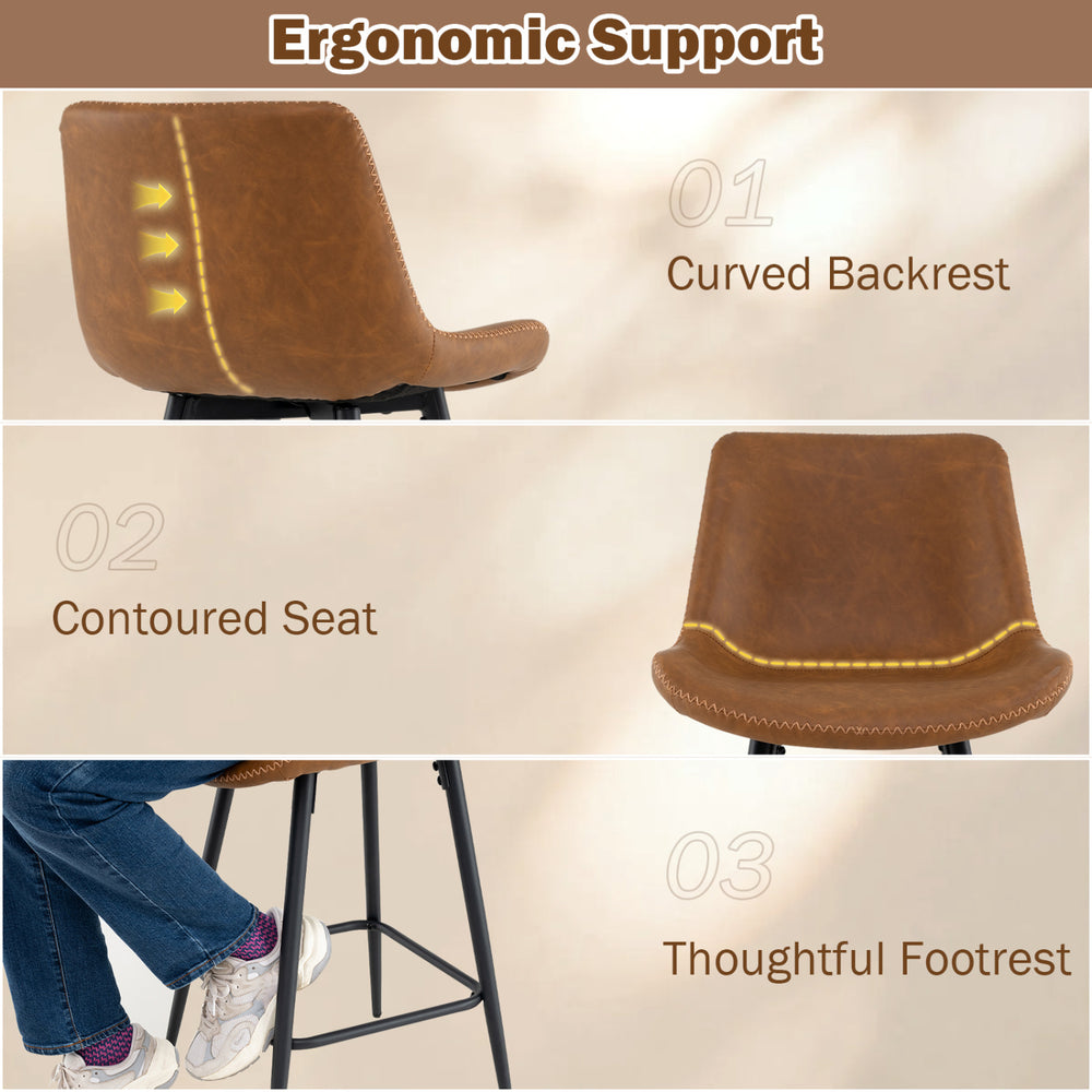 Curved backrest and contoured seat of a 24-inch brown bar stool, designed for ergonomic support and comfort.