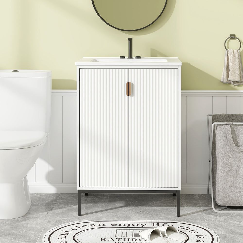 24-inch white bathroom vanity with sink combo, featuring double doors, adjustable shelf, and sturdy metal legs for.