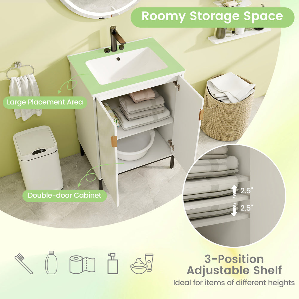 24-inch white bathroom vanity with sink, double-door cabinet, and 3-position adjustable shelf for customizable storage.